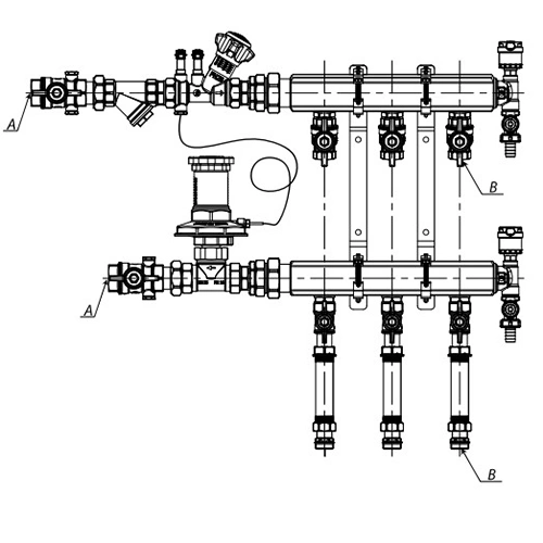 Узел коллекторный отопления Giacomini GE553-B1 1″ Ду32 Ру10 GE553Y107 7 выходов x1/2″, корпус - латунь, этажный, подключение к системе с балансировочной парой