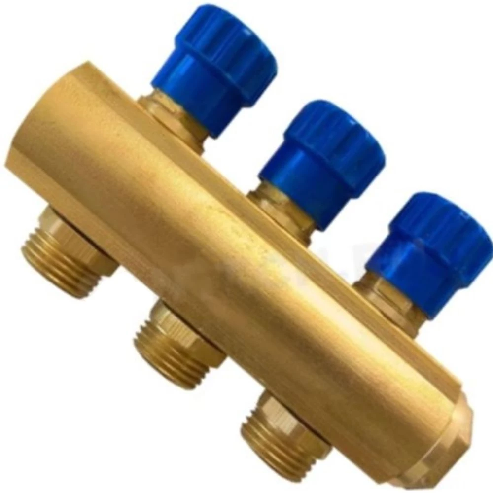 Коллектор Апогей КЛА20-35-12-C 3/4″ Ду20 Ру10 выходов 11, присоединение - наружная резьба 1/2″ межосевое расстояние 35 мм, с запорными клапанами, корпус-латунь, цвет-синий